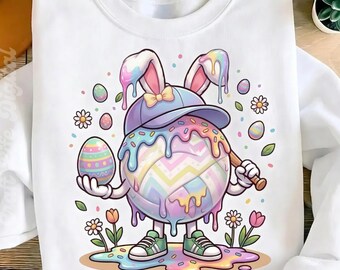 Conejo de Pascua jugando al voleibol (PNG), diseño con efecto de goteo en tonos pastel, ideal para sublimación de camisetas infantiles (descarga digital).