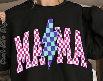 PNG de Mamá Retro Neón, Diseño de Camiseta de Mamá a Cuadros, Archivo de Sublimación de Moda para el Día de la Madre, Camiseta de Mamá Rosa a Cuadros PNG, Mamá Colorida PNG