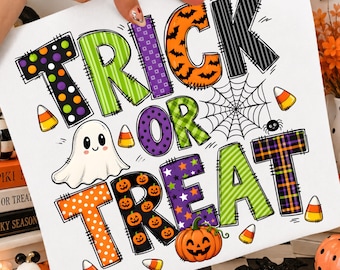 Cukierek albo psikus na Halloween PNG, słodki dyniowy duch z sublimacją, upiorna koszulka dla dzieci do pobrania w wersji cyfrowej