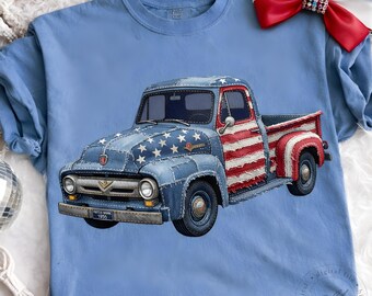 Vintage American Flag Truck PNG, Denim Patchwork Pickup Sublimation Design (Digital Download)