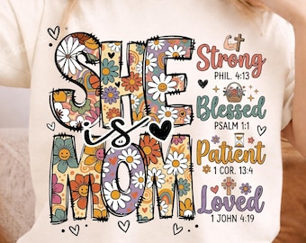 Ella es mamá PNG, diseño retro floral cristiano para sublimación (descarga digital)