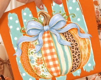 Zucca autunnale preppy PNG, design per sublimazione con fiocco coquette, maglietta autunnale a patchwork con zucca in download digitale PNG, motivo floreale leopardato a quadretti