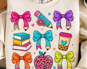 Lazos de profesor PNG, imágenes prediseñadas escolares lindas, diseño de lápiz, manzana, libros y café, camiseta gráfica de sublimación de regreso a clases PNG