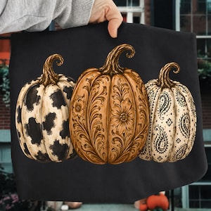 Impasto Western Pumpkin Png, Cowhide Paisley Fall Sublimation Design, Tooled Leather Halloween Shirt Design, Autumn Pumpkin Trio