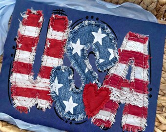 USA Flag PNG, Faux Patchwork Denim Stars, Lace Accents (Digital Download)