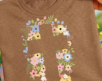 Floral Easter Cross PNG, Bunny Christian Shirt Design (Digital Download)