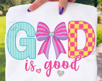 Dios es bueno PNG, gráfico de camiseta con tipografía de lazo de fe cristiana (descarga digital)