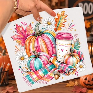 Fall Pumpkin PNG, Colorful Fall Pumpkin Design, Preppy Autumn Coffee Cup Sublimation Design, Colorful Pumpkin Patch Png, Girly Fall Png