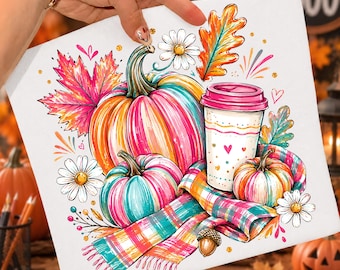 Zucca autunnale PNG, design colorato di zucca autunnale, design preppy per sublimazione di tazza da caffè autunnale, campo di zucche colorato PNG, autunno femminile PNG