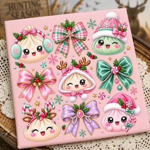 May include: A square pink canvas featuring a pattern of cute, smiling dumpling characters wearing winter accessories like earmuffs and hats, interspersed with decorative bows in various colours, holly berries, and small snowflakes.