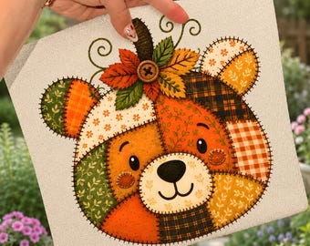 Fall Bear PNG, Autumn Patchwork Bear Sublimation, Cute Thanksgiving Shirt Design, Pumpkin Bear Digital Download, T-shirt PNG