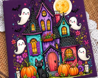 Trendy Haunted House Png, Halloween Sublimation Design, Girly Spooky Season Shirt Design, Trendy Floral Fall Png, Whimsical Halloween Design