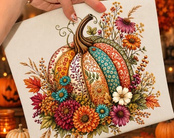 Fall Pumpkin PNG: Boho Floral Autumn Wildflower Brushstroke Colorful Sublimation Design, Boho Patchwork Pumpkin, Autumn Flower Design