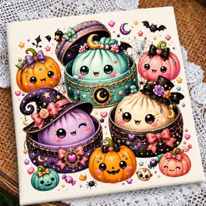 May include: A square print featuring cute, anthropomorphic dumplings in ornate, decorated containers and smiling pumpkins. The illustration includes small bats, stars, hearts, and crescent moons in a vibrant, colorful, and festive composition.
