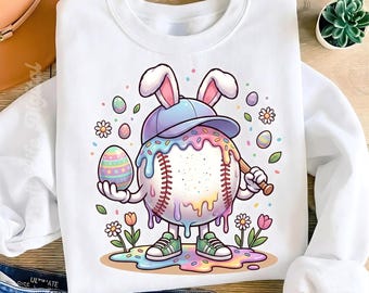 Conejito de Pascua con diseño de béisbol PNG, diseño de huevo de Pascua pastel, sublimación de camisetas infantiles (descarga digital)