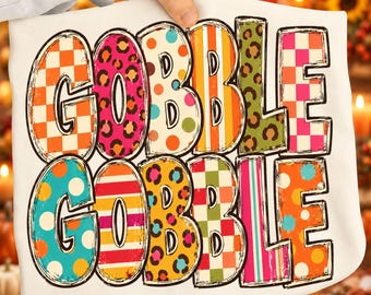 Gobble Gobble PNG, Thanksgiving PNG, Design retrò per maglietta del Ringraziamento, Autunno colorato PNG, Patchwork del Ringraziamento png, Sublimazione del Giorno del Ringraziamento