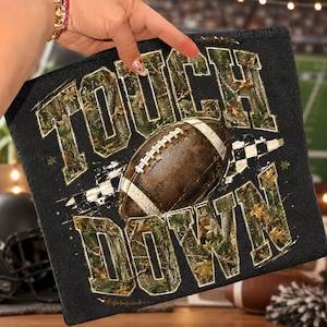 Camo Checkered Football Touchdown PNG, Trendy Game Day Football PNG, Fall Season Sports Sublimation Design, Distressed Sports Mom Shirt Png image 1