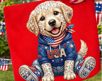 Imagen PNG de perro patriótico, diseño de camiseta con lazo de bandera estadounidense y diamantes de imitación (descarga digital)