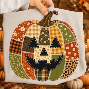 Fall Floral Pumpkin PNG, Faux Patchwork Leopard Print, Jack O Lantern Sublimation, Rustic Fall Halloween Shirt Design, Faux Quilt Applique