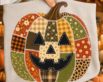 Fall Floral Pumpkin PNG, Faux Patchwork Leopard Print, Jack O Lantern Sublimation, Rustic Fall Halloween Shirt Design, Faux Quilt Applique