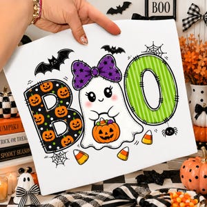 Boo Ghost PNG, söt Halloween sublimeringsdesign, kawaii pumpa rosett godismajs skjorta grafik, läskig säsong digital nedladdning