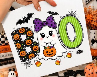 Fantasma Boo PNG, design carino per sublimazione di Halloween, grafica kawaii con zucca, fiocco e caramelle di mais per maglietta, download digitale per la stagione spettrale