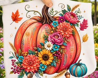 Fall Pumpkin PNG, Boho Floral Autumn Wildflower Brushstroke Colorful Sublimation Design, Boho Autumn Pumpkin Bouquet, Thanksgiving Shirt PNG