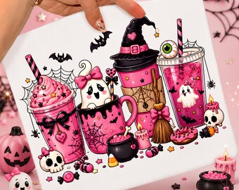 Pink Halloween PNG Cute Spooky Coffee Ghost Sublimation, Coquette Witch Hat T-Shirt Design, Girly Spooky Season Digital Download