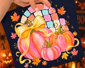Zucca preppy PNG, design autunnale civettuolo per sublimazione, design per maglietta di Halloween femminile, boutique alla moda PNG, Summerween PNG, zucca rosa arancione