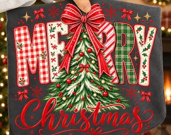 Wesołych Świąt Png, Preppy Christmas Bow Png, Kratka w czerwoną kratę Png, Choinka, Sztuczny brokat, Projekt koszulki świątecznej Coquette
