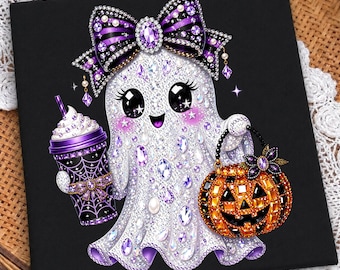 Halloween Boujee Ghost PNG, Girly Halloween Sublimation, Purple Bow Ghost, Bling Pumpkin Coffee DTF, Spooky Season Shirt Design