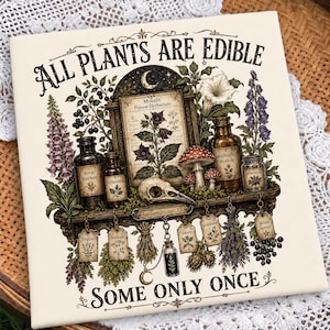 May include: A square decorative tile featuring the text ALL PLANTS ARE EDIBLE SOME ONLY ONCE. The illustration depicts a shelf with glass apothecary bottles, a bird skull, mushrooms, and various botanical drawings labeled with names like belladonna.