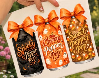 Lata de refresco de Halloween PNG, diseño de sublimación de piruleta de pimienta espeluznante, linda camiseta de lazo de caramelo de maíz con fantasma PNG, descarga digital para amantes de los refrescos de otoño