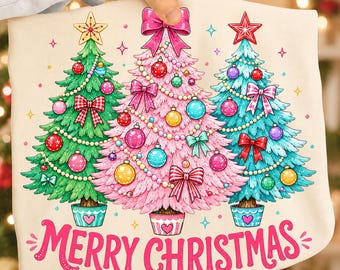 Merry Christmas PNG, Pink Christmas Tree Coquette Design, Hand Drawn Holiday, Merry And Bright, Girly Christmas Sublimation, Retro Xmas PNG