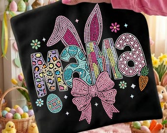 Mamá de Pascua con diamantes de imitación PNG, diseño de camiseta para mamá con orejas de conejo brillantes (descarga digital)