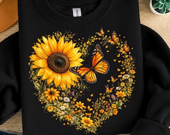 Butterfly Sunflower Heart Frame PNG, Rustic Western Yellow Sunflower Digital Design, Monarch Butterfly T-Shirt PNG, Boho Sunflower PNG