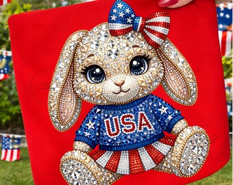Conejo patriótico PNG, diseño de camiseta con diamantes de imitación para el 4 de julio (descarga digital)