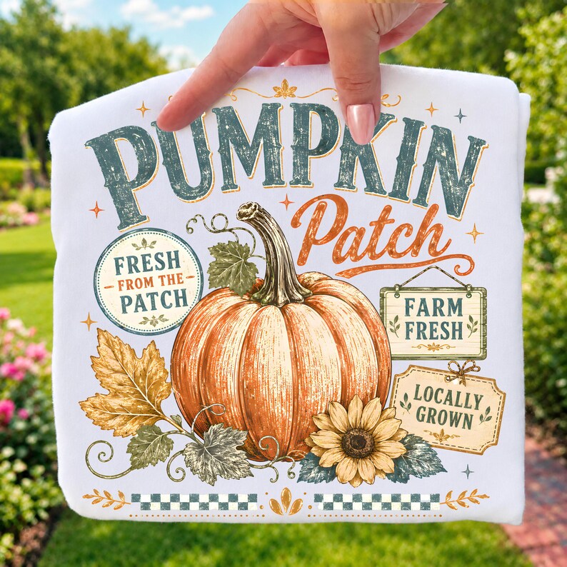 May include: A white t-shirt featuring a graphic print of a large orange pumpkin, a sunflower, and autumn leaves. The text reads PUMPKIN Patch, FRESH FROM THE PATCH, FARM FRESH, and LOCALLY GROWN. The design includes decorative stars and a checkered border.