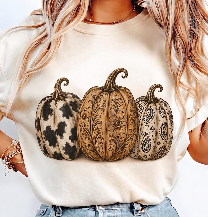 Pu&ograve; includere: Una t-shirt color crema con una grafica raffigurante tre zucche. La zucca a sinistra presenta una stampa muccata bianca e nera, quella centrale mostra un intricato motivo floreale marrone e quella a destra ha una stampa paisley nera.