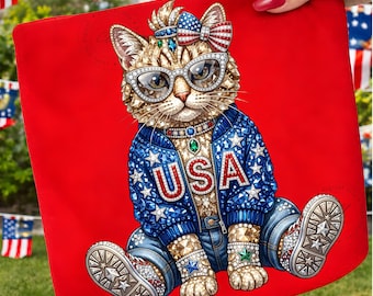 Imagen PNG de un gato patriótico, diseño de camiseta con diamantes de imitación para el 4 de julio (descarga digital).