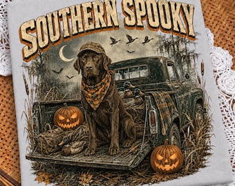 Upiorny labrador z południa PNG, projekt sublimacji na polowanie na kaczki na Halloween, zabytkowa ciężarówka z retrieverem PNG, projekt koszulki myśliwego z retrieverem
