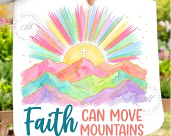 La fe mueve montañas PNG, diseño de camiseta con cruz cristiana, montañas en acuarela pastel (descarga digital)