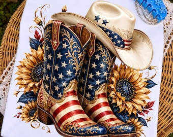 USA Western Boots PNG, Patriotic Cowboy Hat Coquette Bow Sublimation Design, USA Western Boots Png, 4th of July Shirt, Digital Download