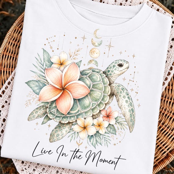 Live In Moment PNG, Sea Turtle Hibiscus Flower Sublimation, Retro Teal Turtle Design, Tropical Celestial Ocean Art, Summer design png