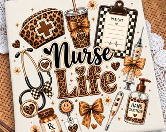 Pielęgniarka w panterkę Png, Akcesoria dla pielęgniarek PNG, Kokietka w kratkę w kropki z kokardą w kształcie serca, Medyczny kolaż Png, Preppy Nurse Coffee Png, Życie pielęgniarki
