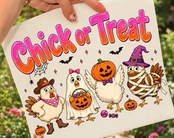 Chick or Treat Halloween Chicken PNG, Cute Spooky Chicken Sublimation Design, Funny Fall T Shirt PNG, Pumpkin Ghost Witch Digital Download