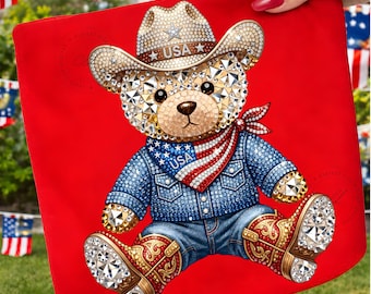 Oso vaquero patriótico PNG, diseño de camiseta con la bandera estadounidense del 4 de julio (descarga digital)