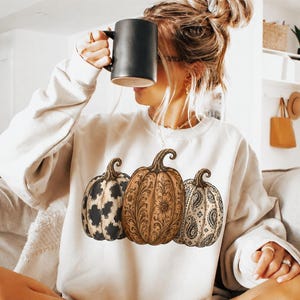 Pu&ograve; includere: Una felpa girocollo color crema con una stampa grafica di tre zucche. La zucca a sinistra ha una stampa muccata bianca e nera, quella centrale un motivo floreale marrone e quella a destra un design paisley nero.