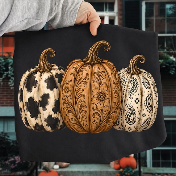 Impasto Western Pumpkin Png, Cowhide Paisley Fall Sublimation Design, Tooled Leather Halloween Shirt Design, Autumn Pumpkin Trio