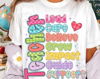 Diseño PNG de sublimación para profesor retro, Lidera, cuida, cree, crece, descarga digital
